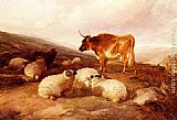 Thomas Sidney Cooper Canvas Paintings - Rams And A Bull In A Highland Landscape